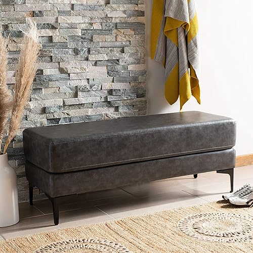 Safavieh Home Elise - Banco rectangular de piel sintética gris y negro de 48 pulgadas