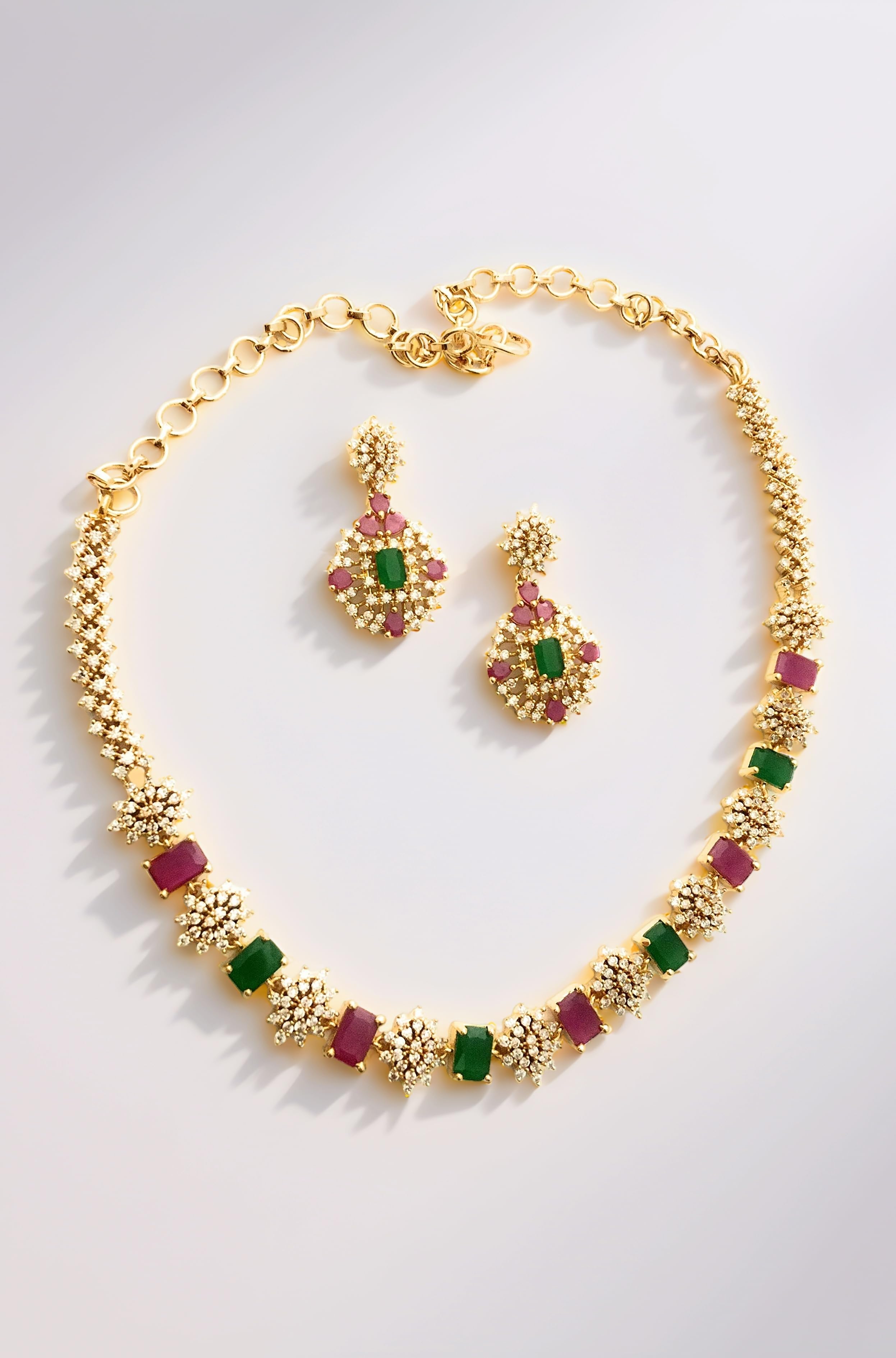 Traditional Micro Gold Plated Multi Color AD American Diamond Jewellery Necklace Jewellery Set for Women and Girls