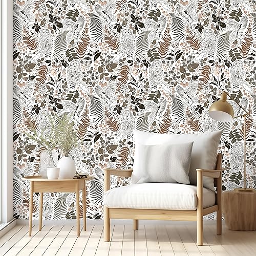 Miniatura 4 de HAOKHOME 93273 Owls - Papel tapiz para despegar y pegar, papel de pared extraíble estilo bohemio, marrón, carbónblanco, textura tropical, papel de