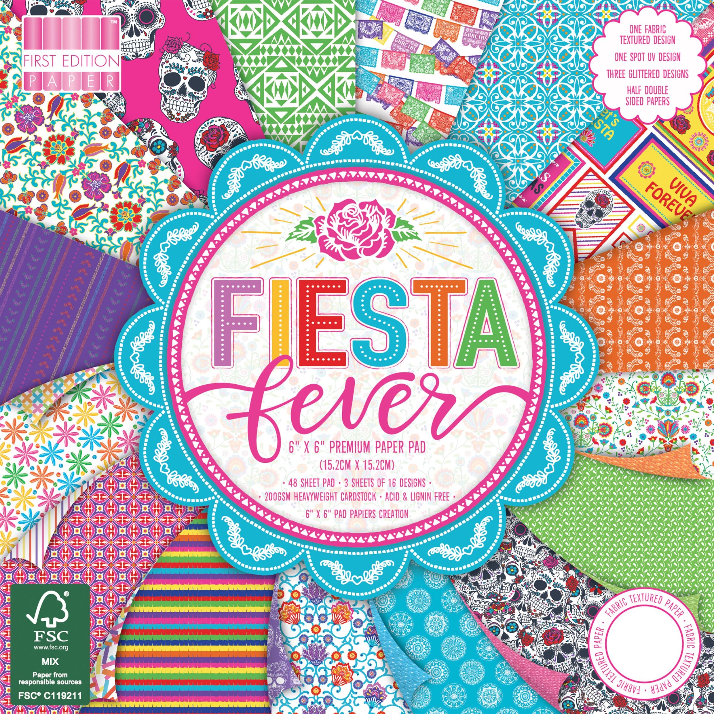 FEPAD193 | Fiesta Fever Premium Paper Pad 6" x 6" | 64 Sheet Pad | 200gsm Heavyweight Cardstock | Acid & Lignin Free, Soy Inks | FSC | For Card Making, Scrapbooking, Home Décor & Papercraft