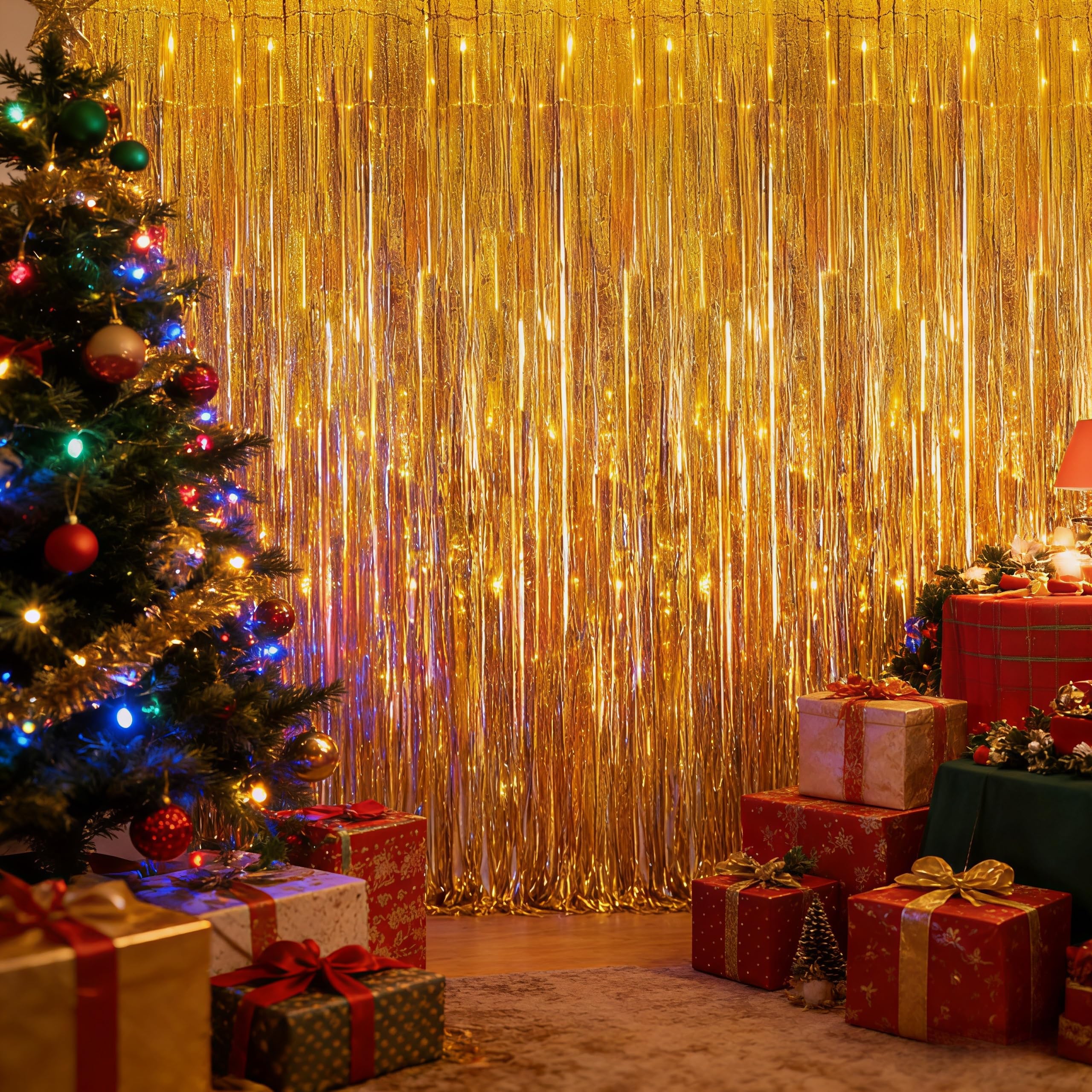 Lot de 2 Rideaux Lametta Or Holographique, 1 x 2,5 m Rideau Métallique à Franges, Rideau Brillant Décoration Fête, Fond Photo Anniversaire Mariage Noël Nouvel an Party