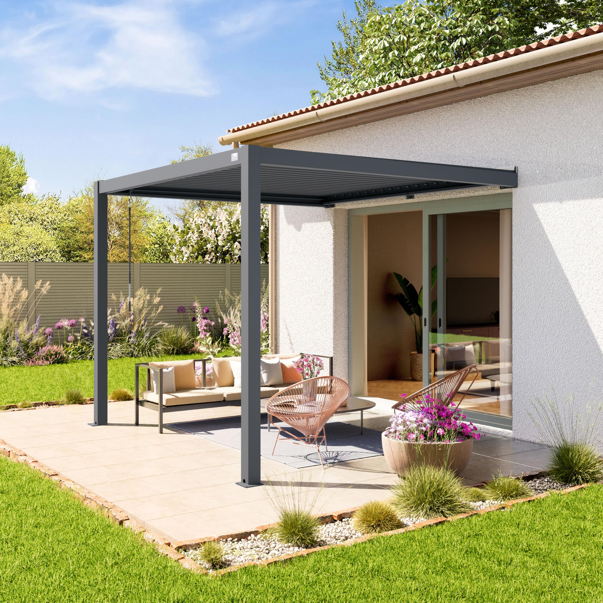 PRIMEYARD Pergola addossata 3x3 m montanti in alluminio con tetto a doghe in acciaio pergola a muro color antracite