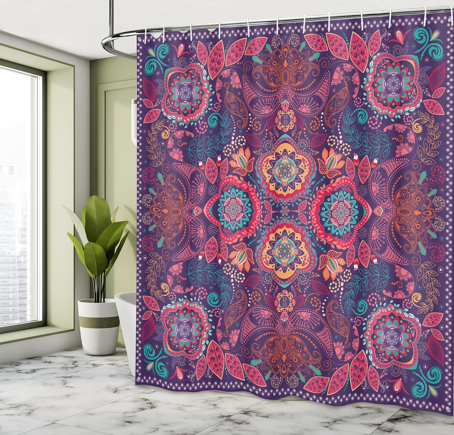 Ambesonne Paisley Shower Curtain, Modern Classic Design with Dots Leaves and Flowers Print, Cloth Fabric Bathroom Decor Set with Hooks, 69" W x 84" L, Multicolor Plum