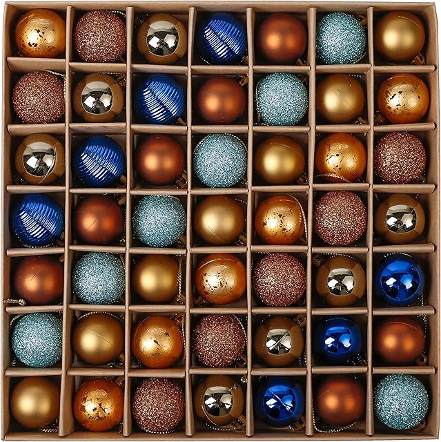 Valery Madelyn 49pcs 3cm Shatterproof Christmas Baubles, Woodland Copper and Blue Christmas Ball Ornaments for Christmas Tree Decoration