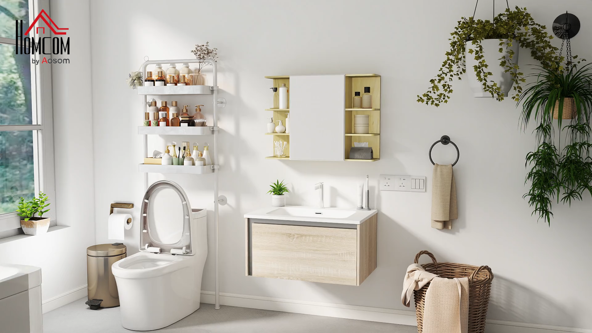 Specchio Armadietto Bagno HOMCOM Con 6 Ripiani – 66x17x63 Cm, Nero, Con Pomello In Legno E Struttura Pensile Salvaspazio