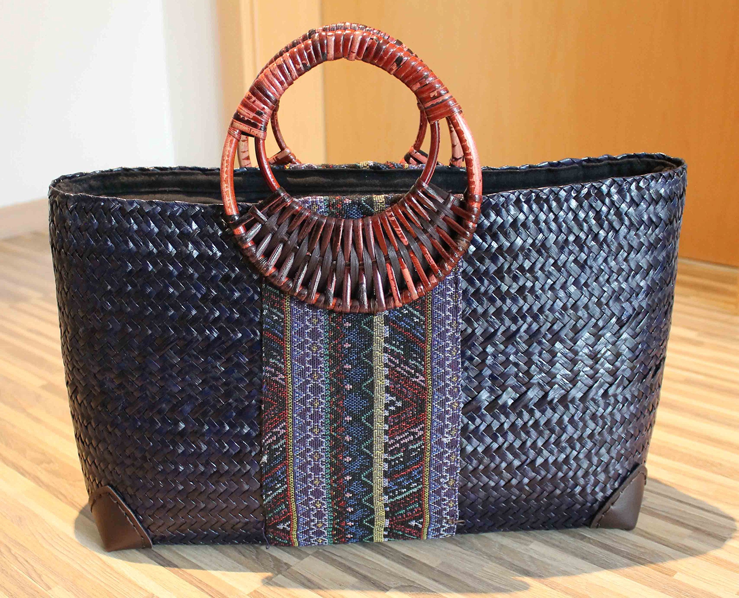 Rotfuchs Damentasche Handtasche Strohtasche Einkaufstasche Strandtasche Handgefertigt aus Schilf Marine 50 cm
