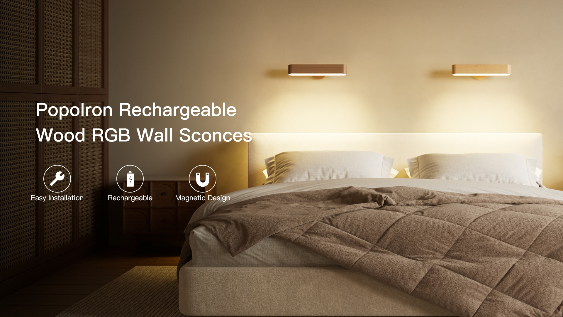 Image of Rechargeable Indoor Wall Sconce Wood, LED Wall Light for Bedroom,Touch and Remote Control,360 Rotate Walnut Wood Wall Light,3 Colors Dimmable Brightness Wall Lamp with 15 RGB Colors,1 Pack