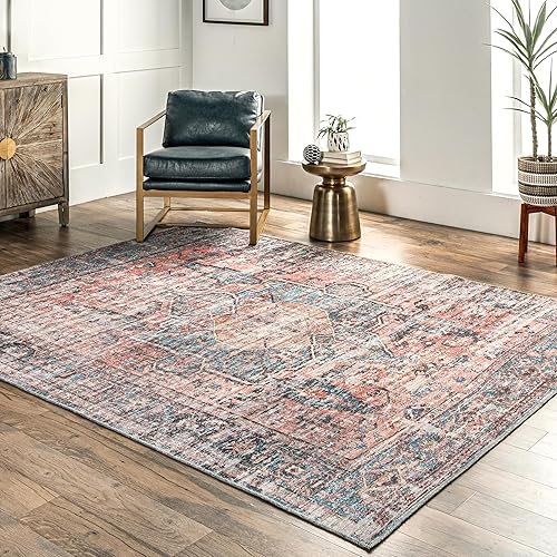 nuLOOM Cammy - Alfombra vintage con medallón desgastada, lavable a máquina, 4 x 6 pies, color azul