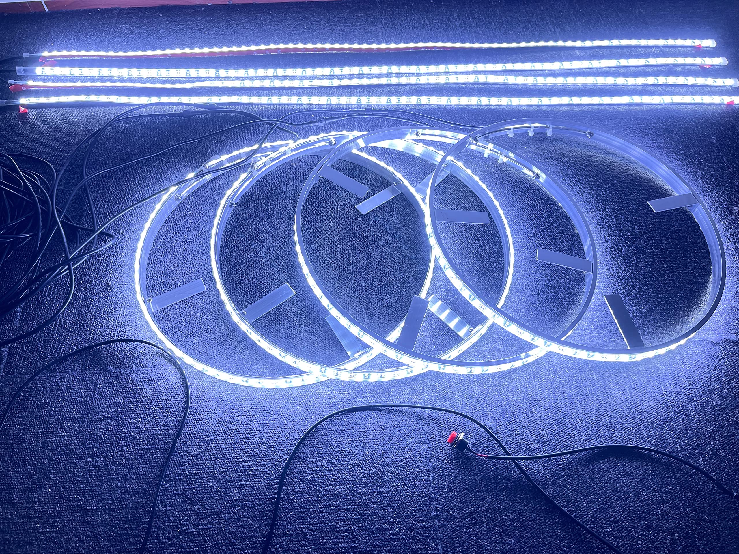 Sando Tech 4PCS 15.5'' Pure White Led Wheel Ring Tire Lights + 2PCS 6.5Ft 2PCS 4Ft Underbody Decoration Light Kit Synchronize Wiring Harness with 8 Way Splitters Rocker Switch Ctrl