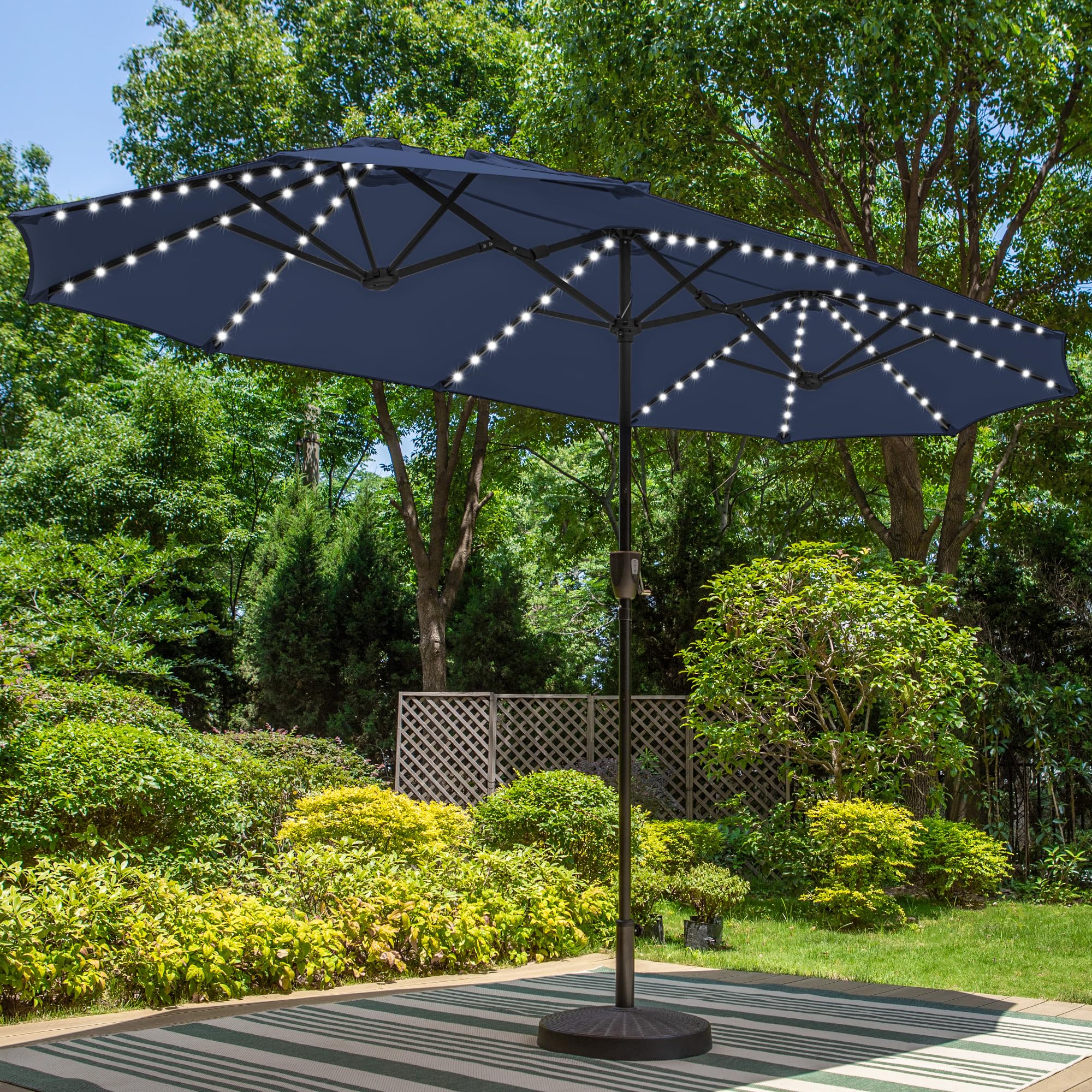 PHI VILLA 13ft Patio Umbrella with Solar-Powered 120 PCS LED Color-Changing Lights, Triple-Head Large Rectangle Umbrella Outdoor Patio for Table with