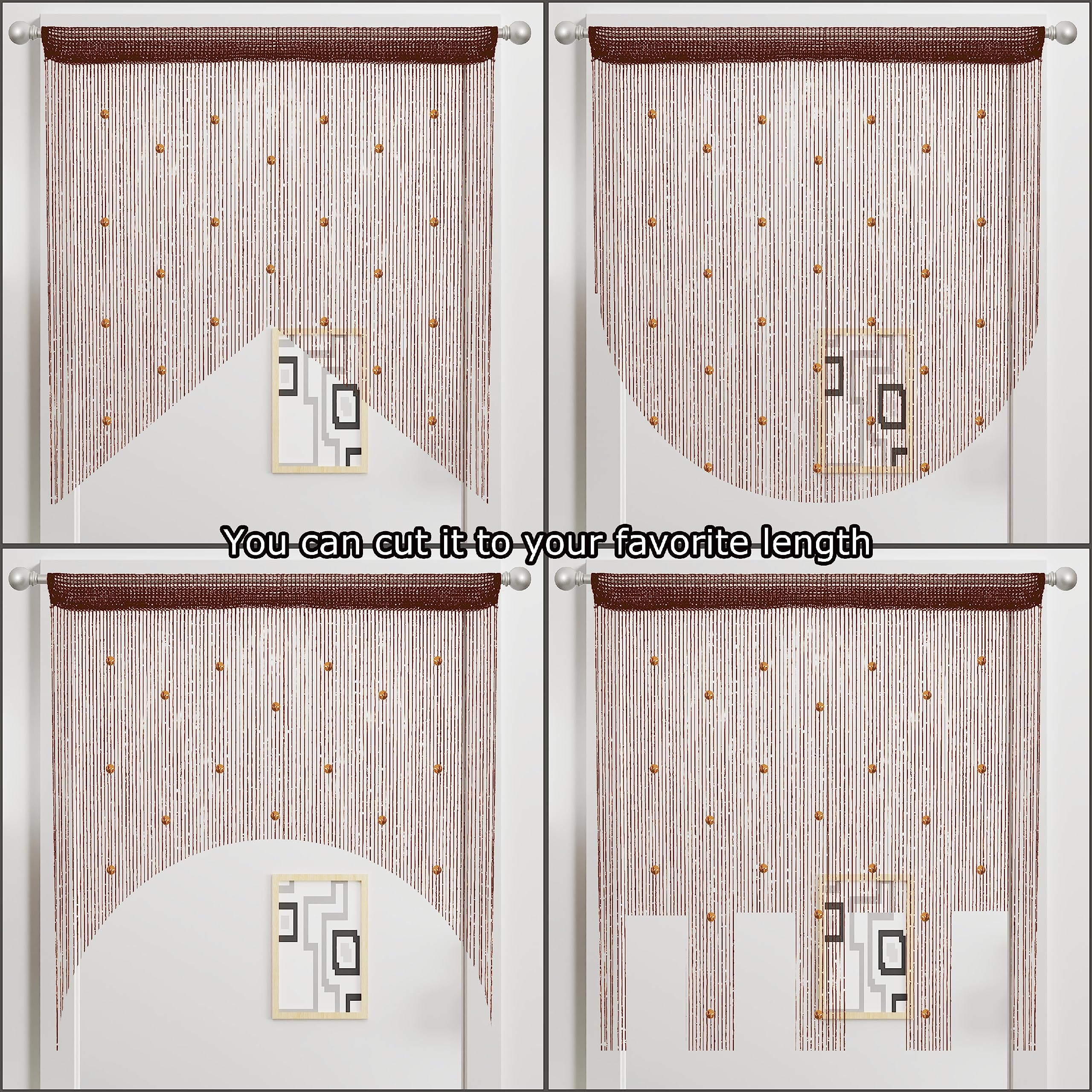 Rideau de perles à suspendre - Séparateur de pièce - Style hippie - Panneau à franges pailletées - Pour placard, fenêtre, porte, porte - Café - 100 x 200 cm