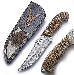 Premium Horn Handle Damascus hunting knife fixed blade - 10 Inches Handmade Knife with Sheath - Sheep Horn Handle - Perfect for Skinning, Camping, Outdoor - 1080 & 12C27 Fire Pattern Damascus Steel Knife with Leather Sheath - 4 EDGE KNIVES