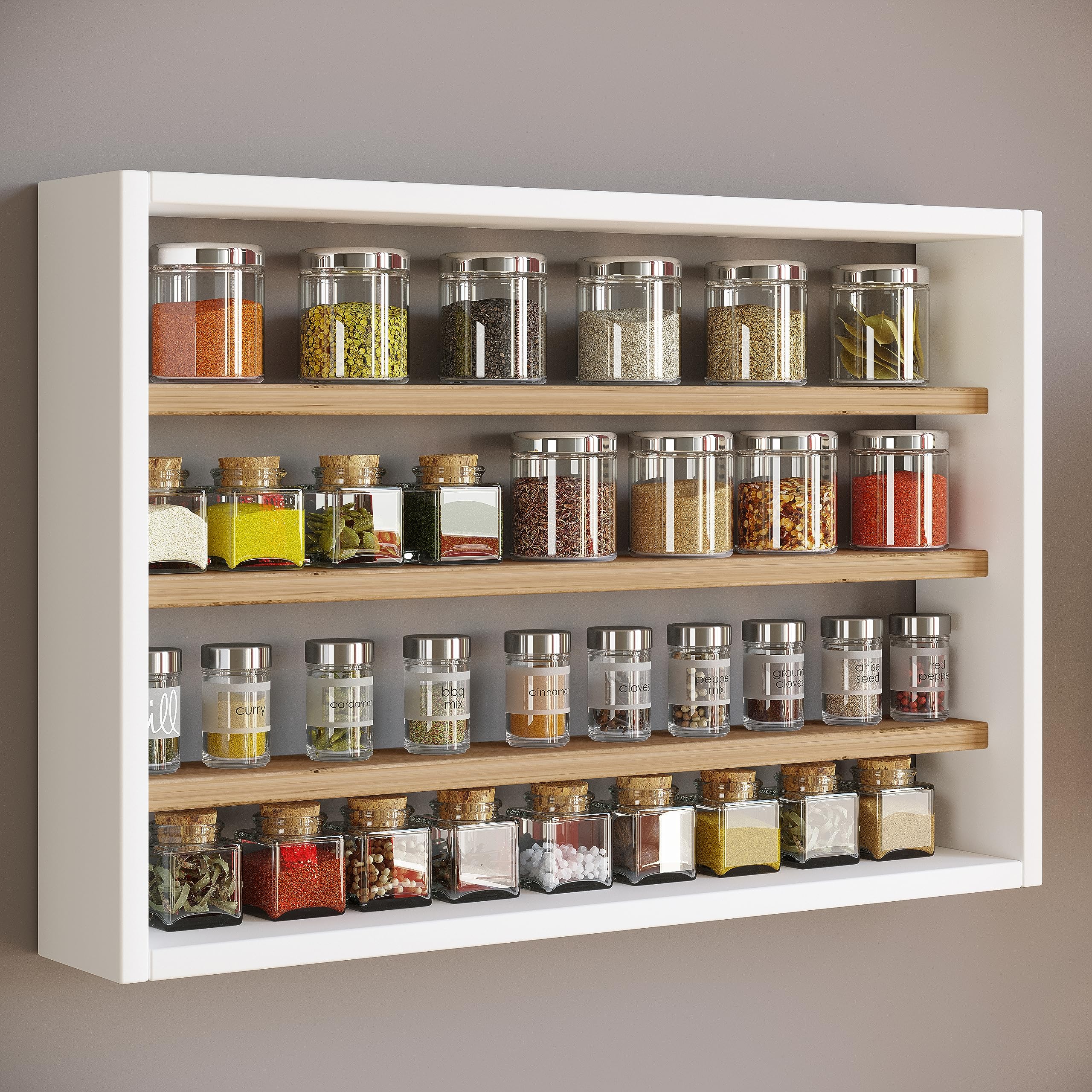 VCM Étagère murale en bois Tableau mural Cuisine Épices Cuisine Collectionneur Vitrine Esaldi M Blanc/Chêne miel