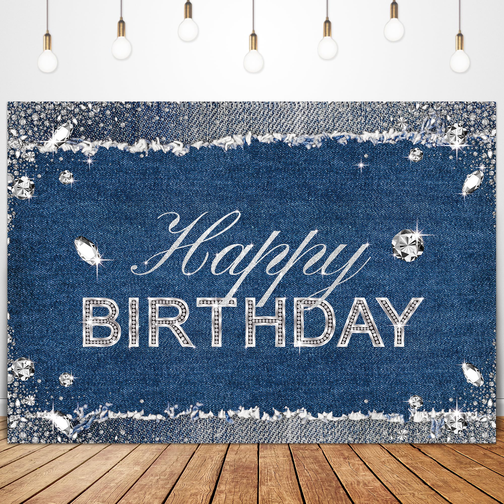 Glawry Denim Diamonds Birthday Backdrop 7Wx5H Feet Sparkle Shining Navy Blue Modern Luxury Crystal Girls Happy Birthday Party Decorations Banner
