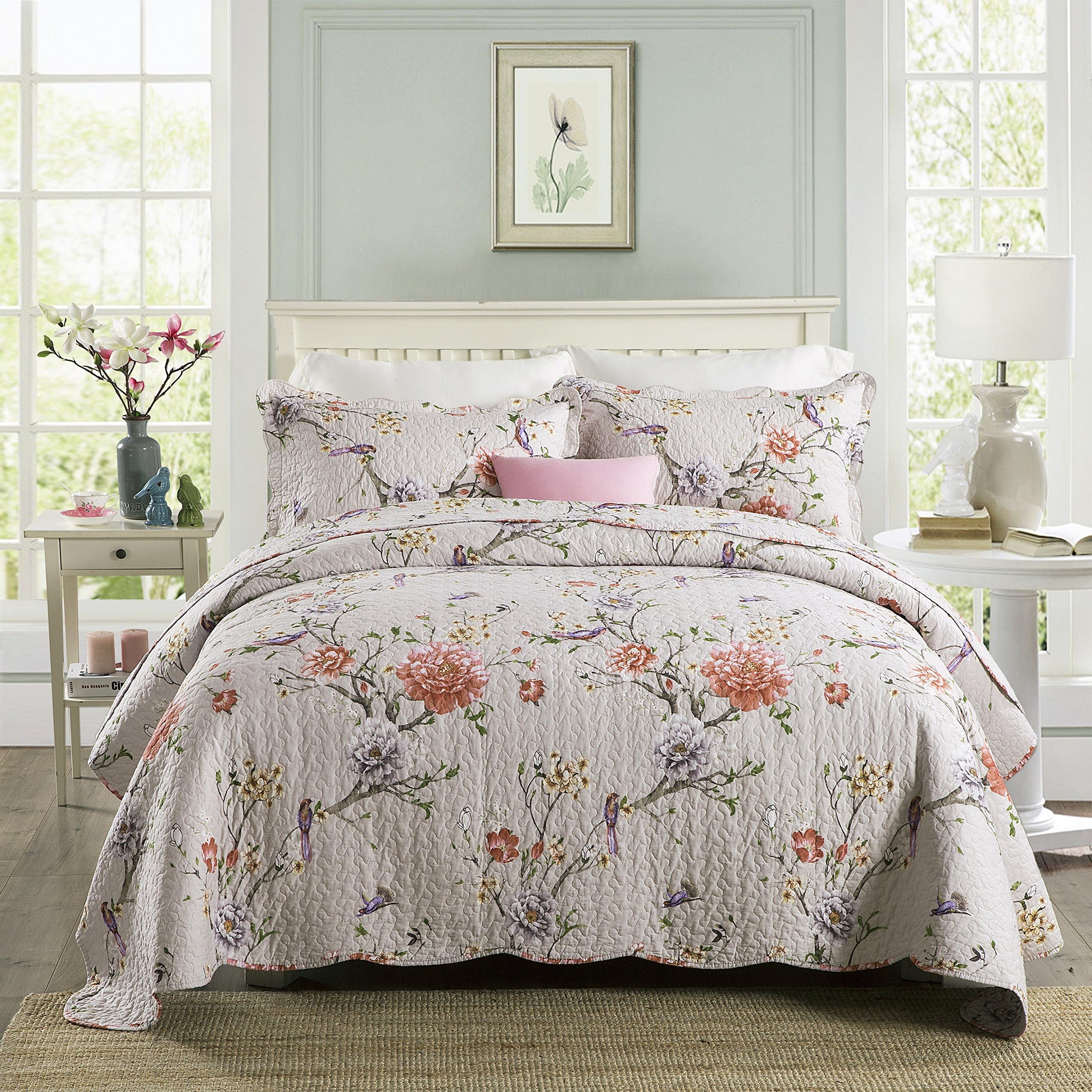 Pure Cotton 3-Piece Comforter Set, Flower Print Quilt Set, Bedspreads Set, Coverlets, Queen Size (Flower-8)