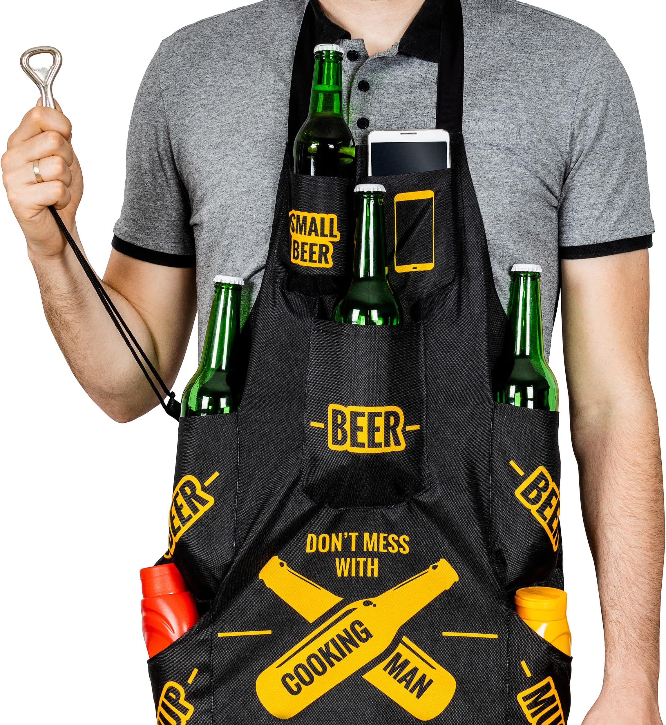 Froster Man Cooking Apron, BBQ Apron with 7 Pockets, including 4 beer pockets, Kitchen Apron for Men