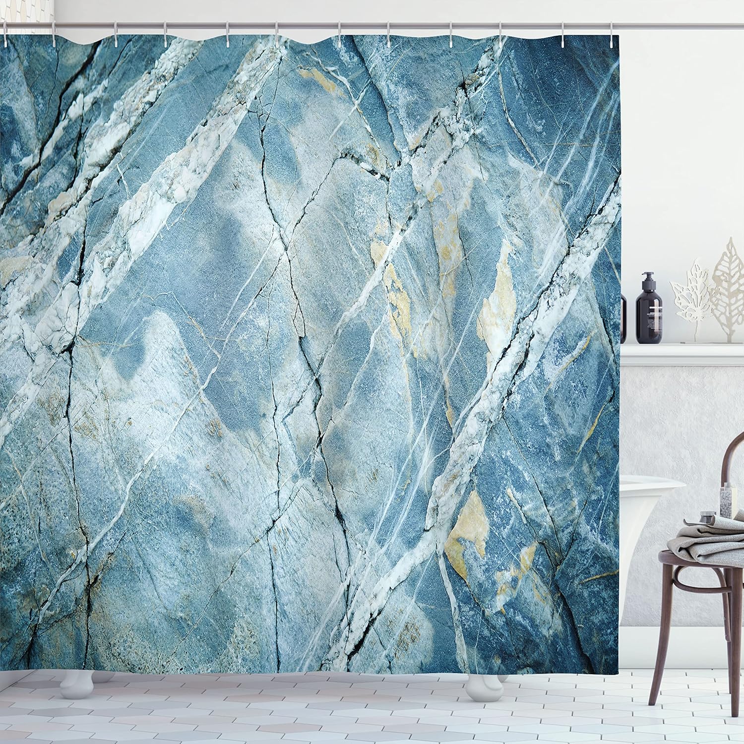 Ambesonne Marble Print Shower Curtain, Exquisite Granite Stone Architecture Floor Nature Faded Rock Picture, Cloth Fabric Bathroom Decor Set with Hooks, 69" W x 70" L, Pale Blue Grey
