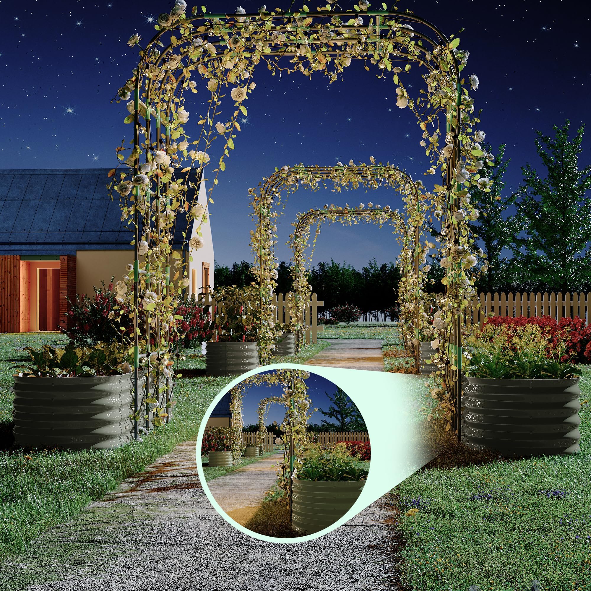 Garvee Cama de Cultivo Elevada de Metal 2 Piezas 200x60x45cm con Arco de Enrejado 180x90x240cm Acero Galvanizado 0.6mm Tuercas de Mariposa para Huerto Urbano Plantas Trepadoras Exterior Beige