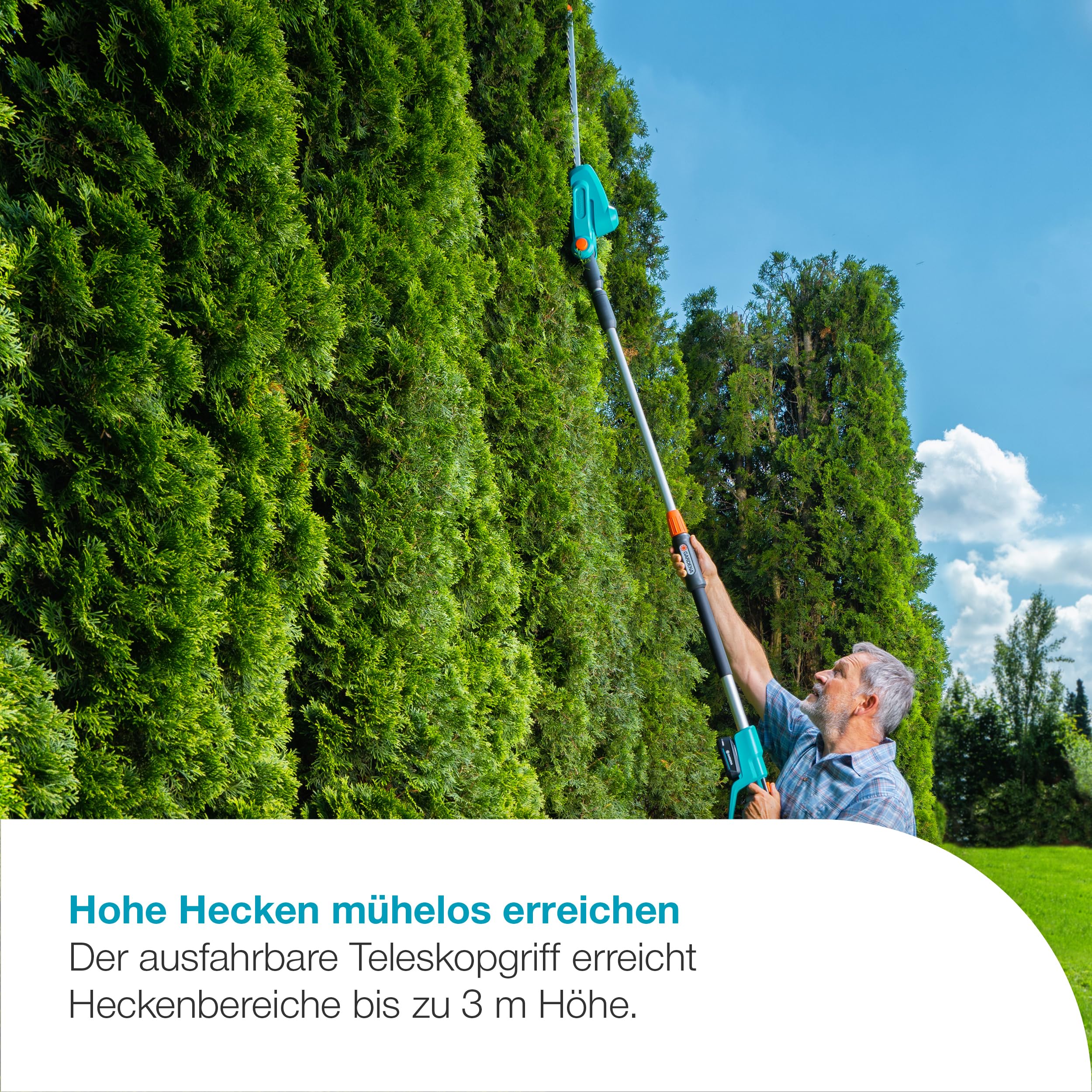 Gardena Akku-Teleskop-Heckenschere THS 42/18V P4A Ready-to-Use Set: Teleskopgriff, Reichweite bis 3 m, 42 cm Messer, Abwinkelbarer Kopf, Kabellos (14732-20)