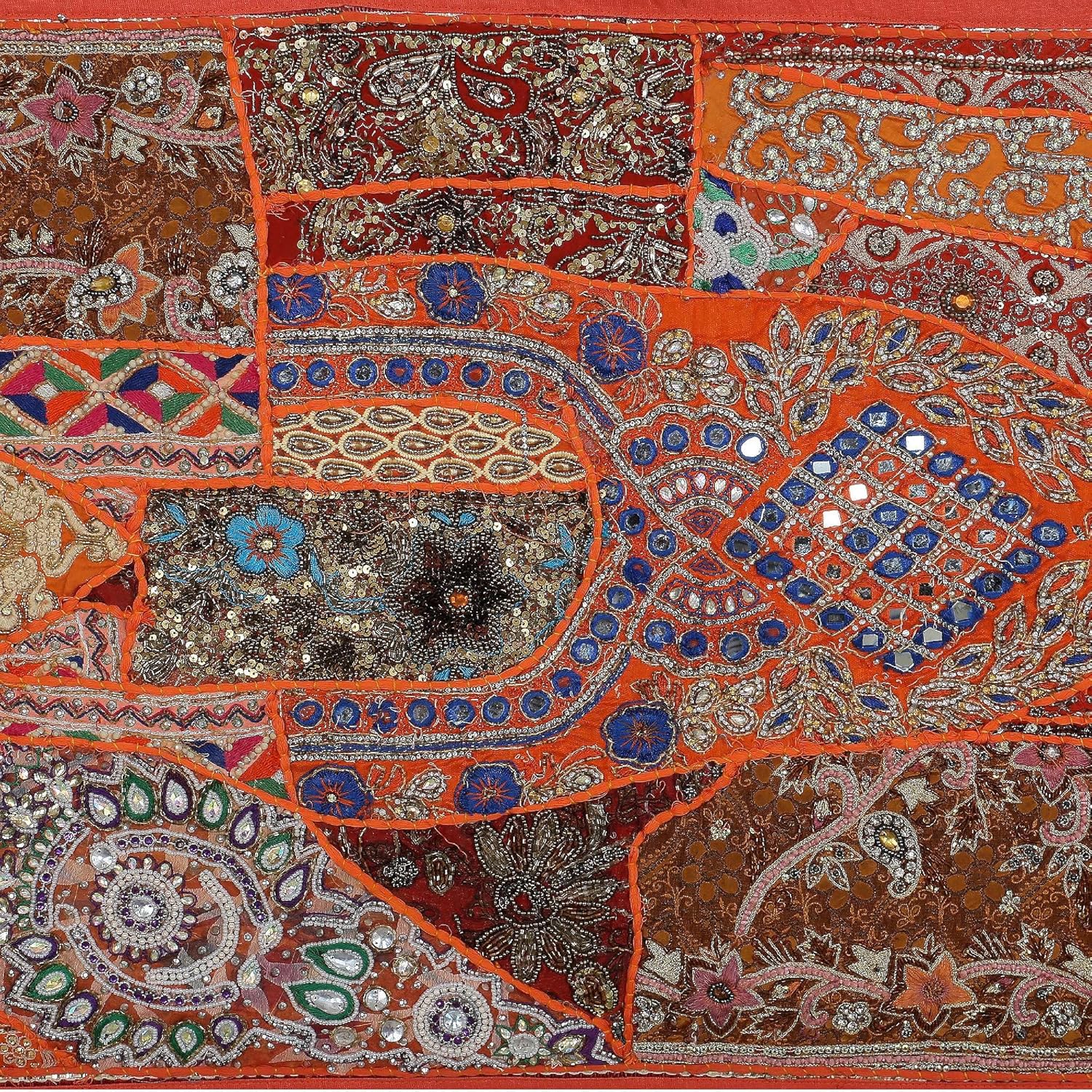 Treen Art Linen Indian Table Runner 20" W x 40" L, Ethnic 100% Cotton Embroidered Handcrafted Mirror Art Long Patchwork Dining Indian Table Cloth (Orange)