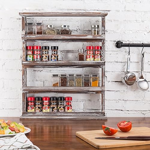 Miniatura 4 de MyGift Estante de especias rústico de madera antorchada para colgar en la pared, 4 niveles para condimentos, frasco organizador de despensa