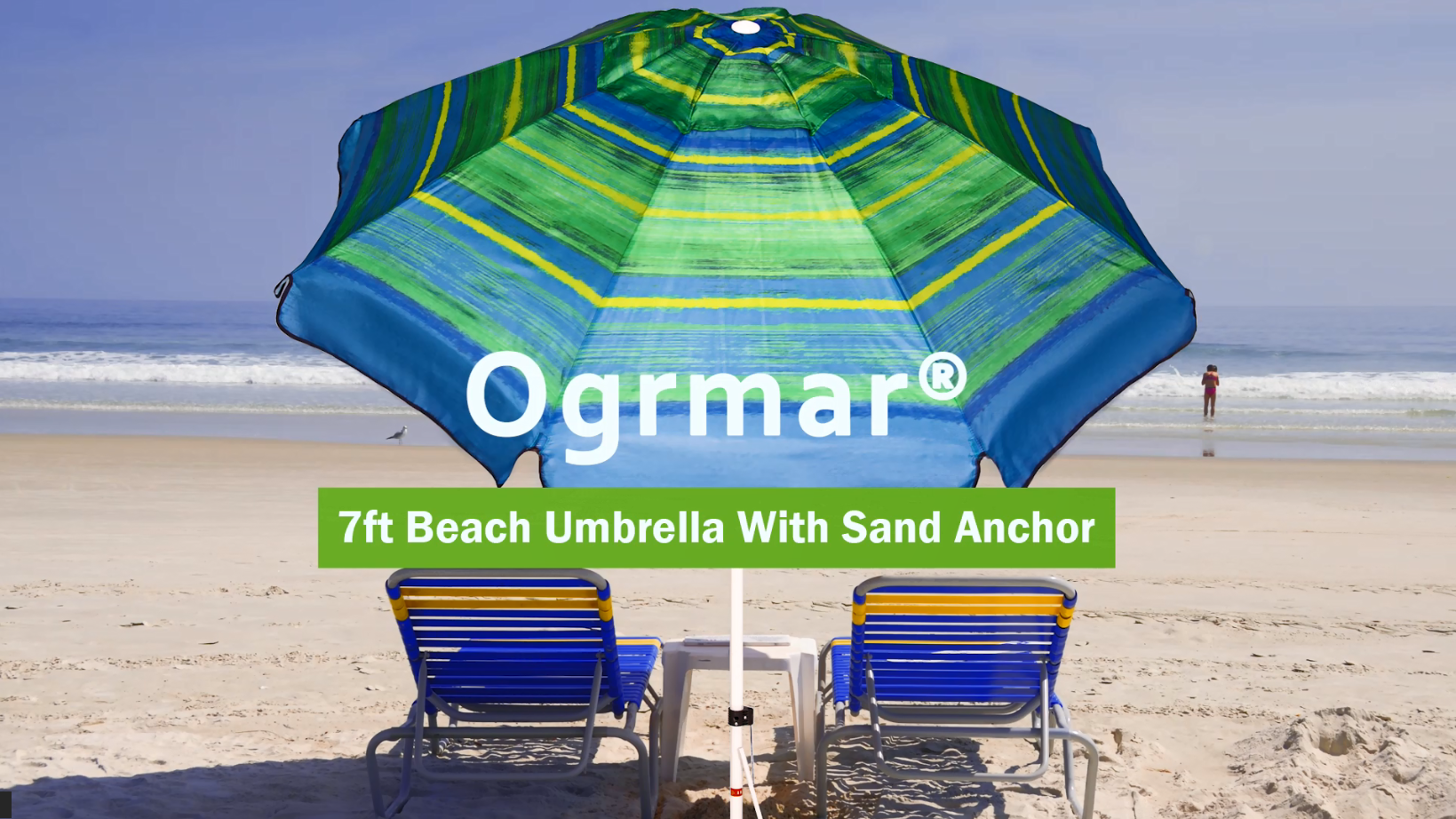 Ogrmar Parasol De Plage De 2,1 M Avec Ancre De Sable Et Sac De Transport, Protection UV 50 Et Bouton Poussoir D'inclinaison Pour Plage, Terrasse, Jardin, Extérieur (rayures Vertes