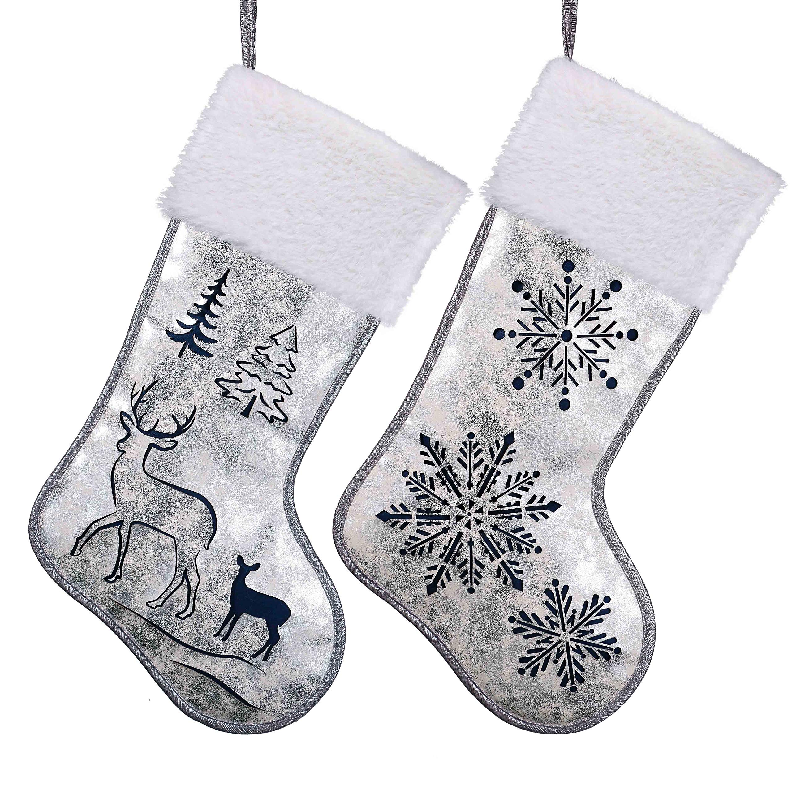 Valery Madelyn 21 inch 2 Pack Frozen Winter Silver White Leather Christmas Stockings Personalized with Snowflake, Reindeer, Tree and Fur Cuff, Themed with Tree Skirt (Not Included)