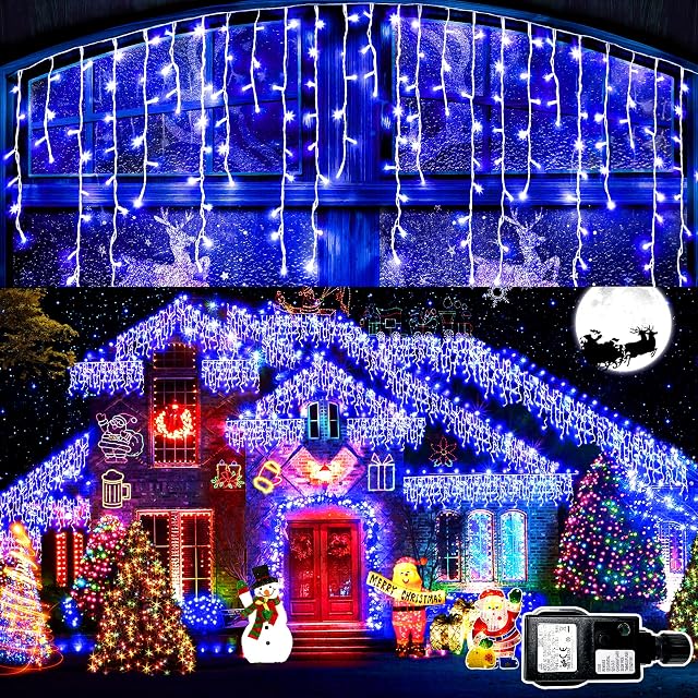 KNONEW Christmas Icicle Lights Outdoor, 400 LED 10m/32ft 8 Modes, Icicle Fairy Lights Plug in with 75 Drops, Waterproof Christmas Lights Decorations for Xmas/Thanksgiving/Holiday/Roof/Window (Blue)