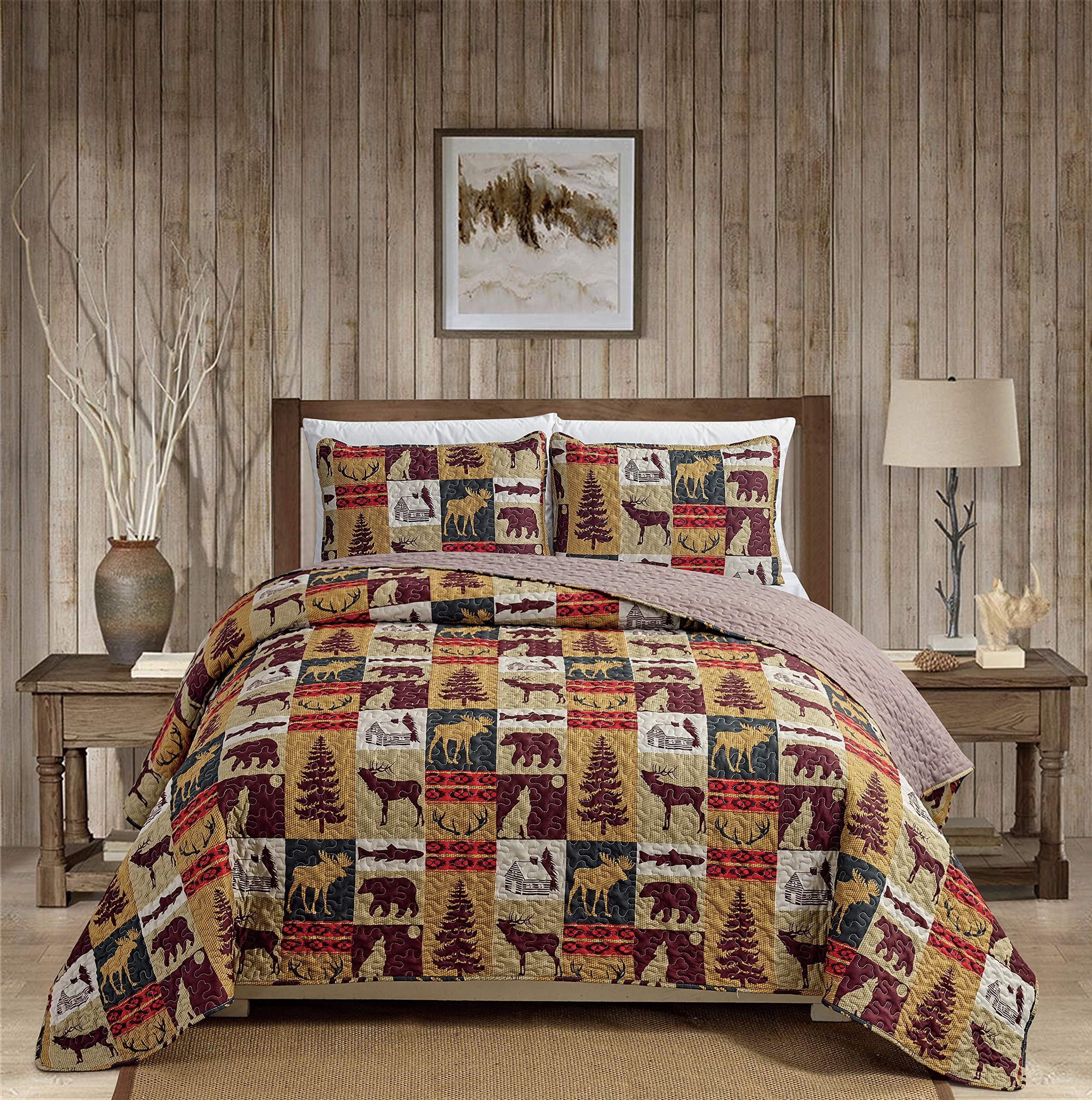 Rugs 4 Less Rustic Cabin Lodge Quilt Stitched Bedspread Coverlet Bedding Set with Patchwork of Wildlife Moose Grizzly Bears Deer Buck Antlers and Tribal Southwest Patterns - Western 3 (Twin)