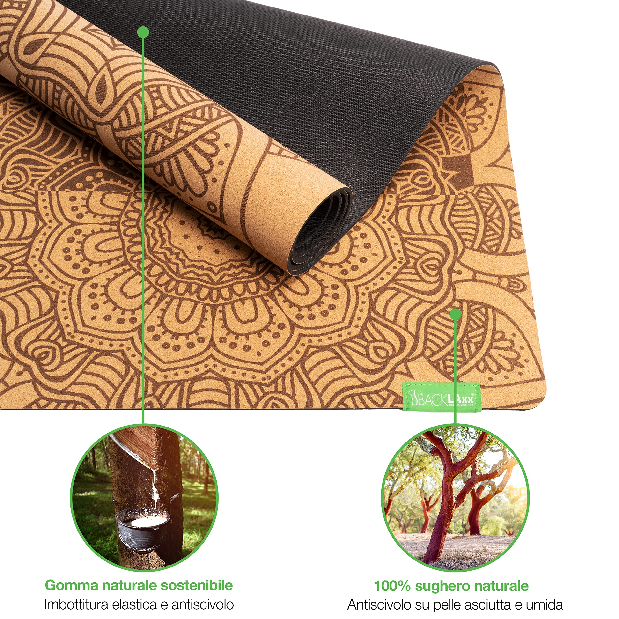 BACKLAxx ® Tappetino Yoga Sughero – Tappeto Yoga Antiscivolo – Tappetini Yoga Professionali Ecologico Tappetini Pilates e Fitness Mat – Tappetino Stretching – Yoga Mat – Materassino Yoga