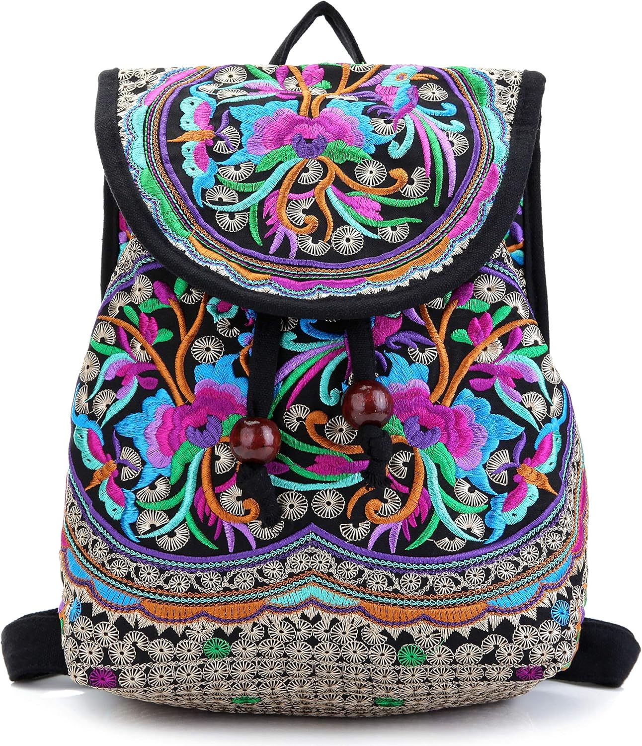 Jursccu Embroidery Backpack Purse for Women Vintage Handbag Small Drawstring Casual Travel Shoulder Bag Daypack Pink Blue Flowers
