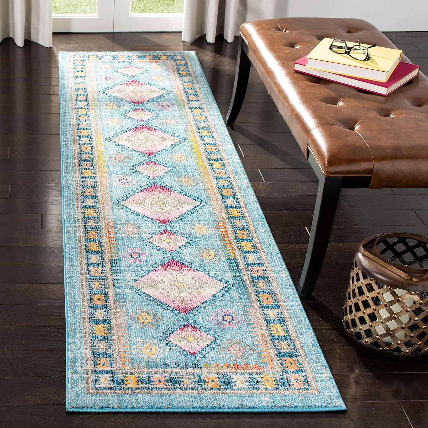 SAFAVIEH Madison Collection Runner Rug - 2'2" x 8', Light Blue & Fuchsia, Boho Chic Diamond Distressed Design, Non-Shedding & Easy Care, Ideal for High Traffic Areas in Living Room, Bedroom (MAD305M)