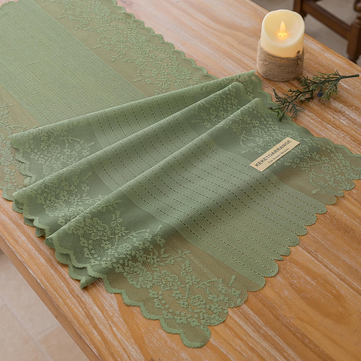 Keketoarrange Vintage Green Lace Table Runner 18x72Inch