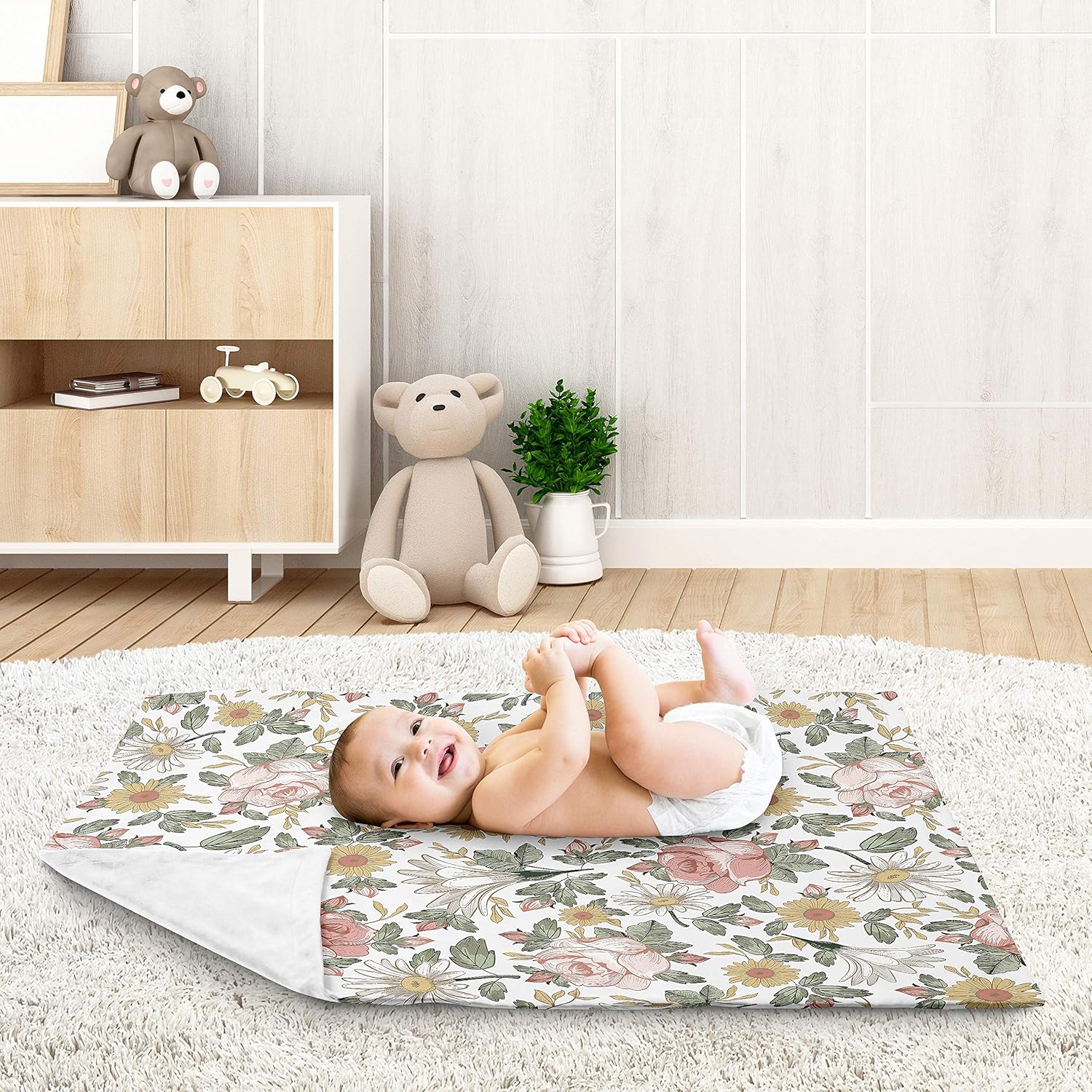 Sweet Jojo Designs Vintage Floral Baby Girl Receiving Security Swaddle Blanket for Newborn or Toddler Nursery Car Seat Stroller Soft Minky - Pink Yellow Green Boho Shabby Chic Rose Flower Farmhouse