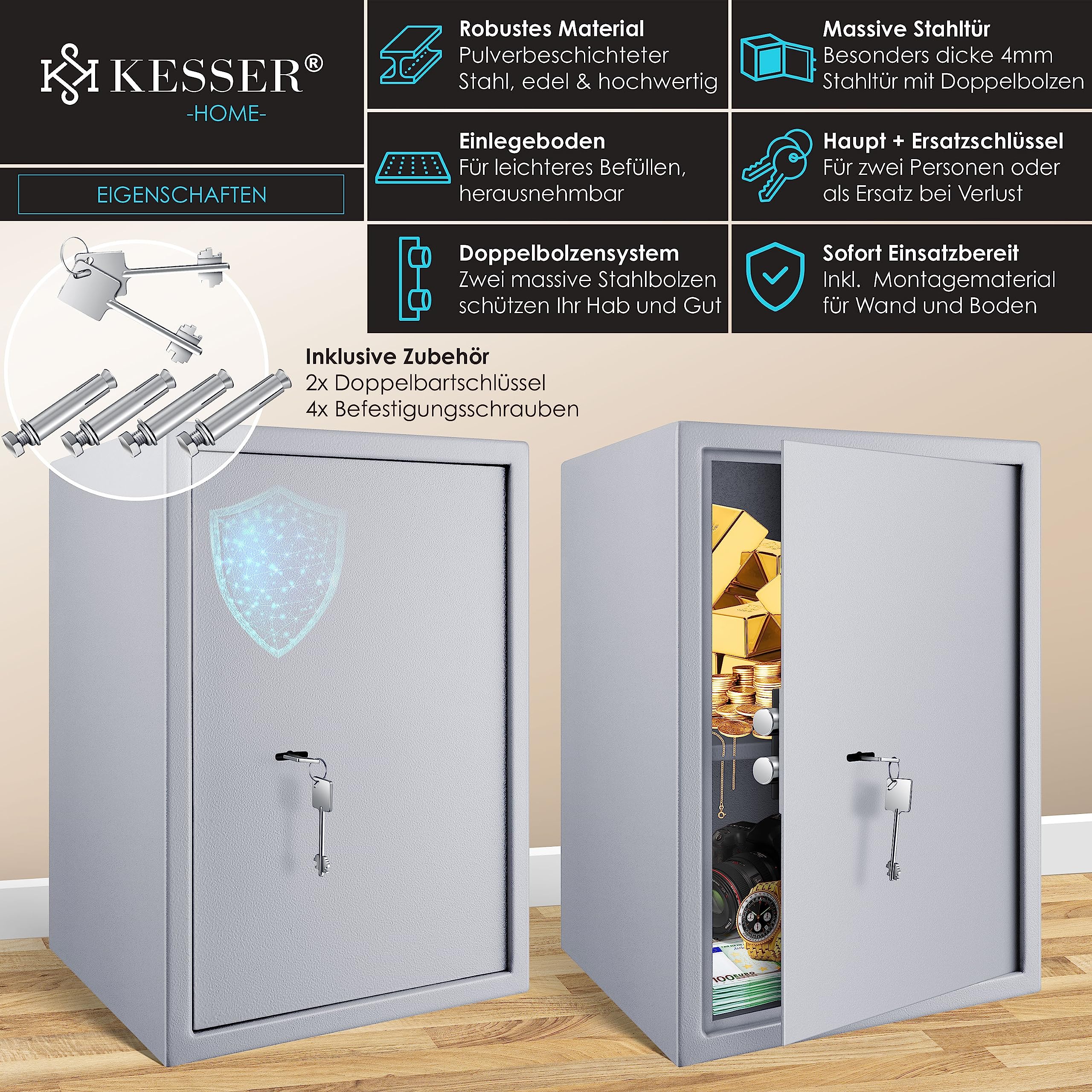 KESSER® Cassaforte per mobili con doppia serratura, cassaforte da parete, cassaforte da parete, 50 x 35 x 31 cm, con 2 chiavi e viti di fissaggio, argento