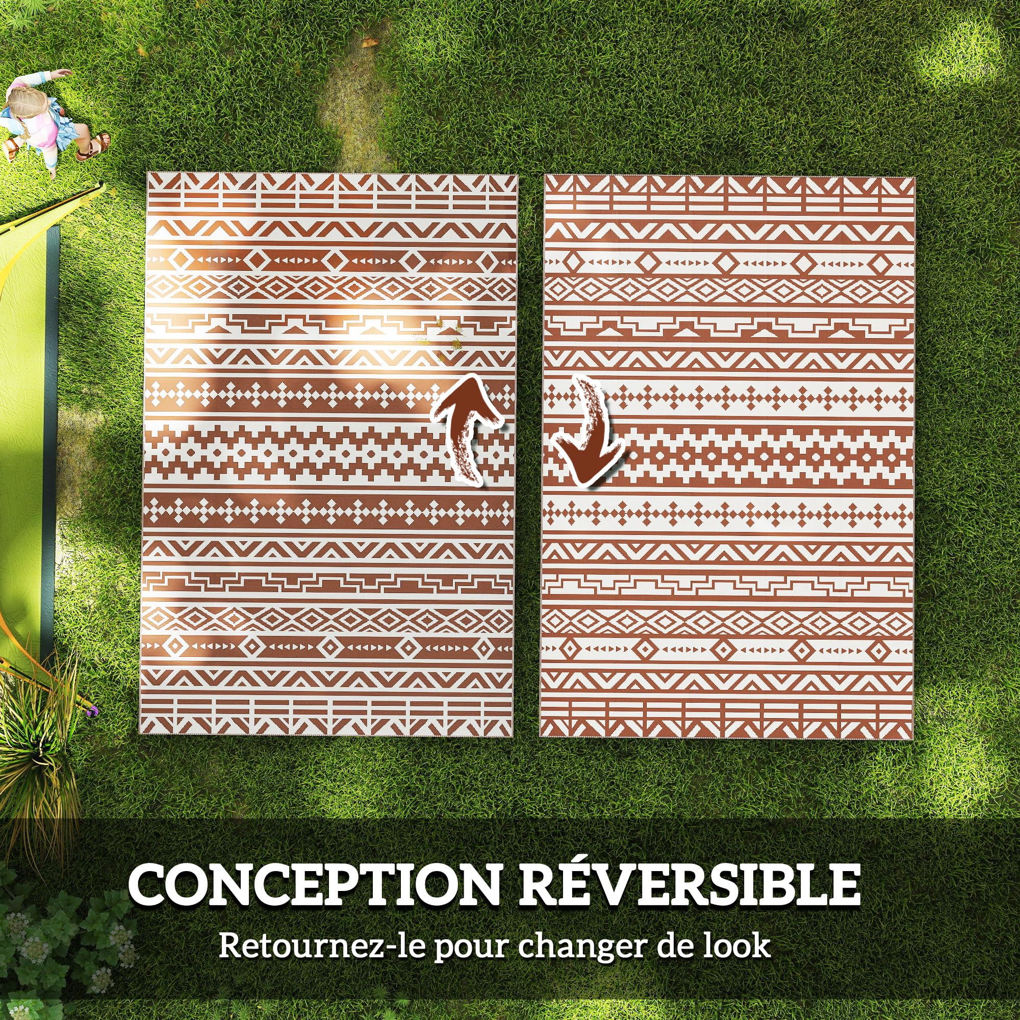 Outsunny Tapis d'extérieur réversible 1,8 x 2,7 m, Tapis de Sol au Motif Mur géométrique en PP, Sac de Transport Inclus, résistant aux intempéries, Rouge et Blanc