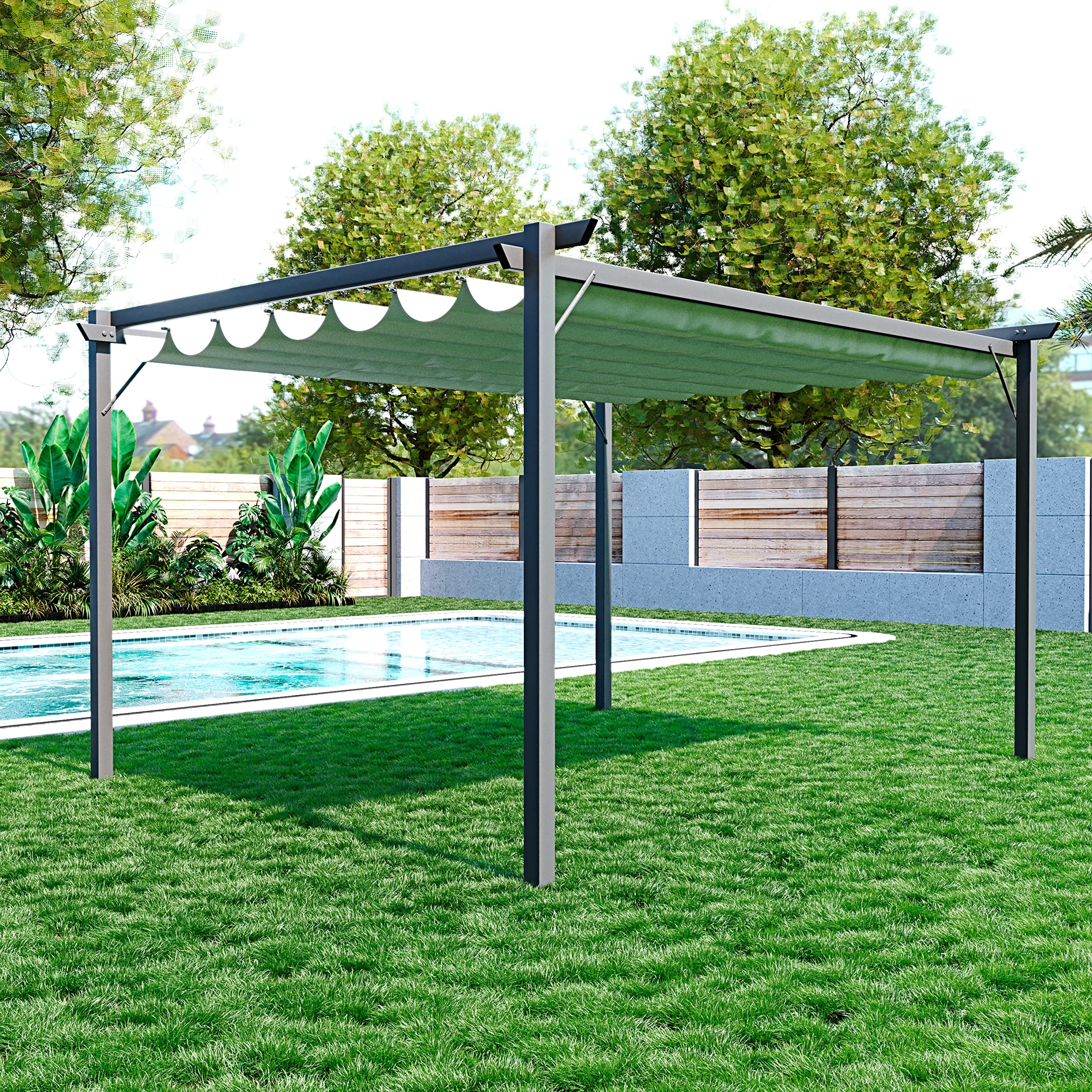 BRICOZONE Pergola Gazebo Giardino Telo Retrattile Pergolato Impermeabile Richiudibile Struttura In Acciaio Terrazzo Balcone Veranda Patio Piscina Esterno Design Moderno Elegante Beige (3 x 4 M)