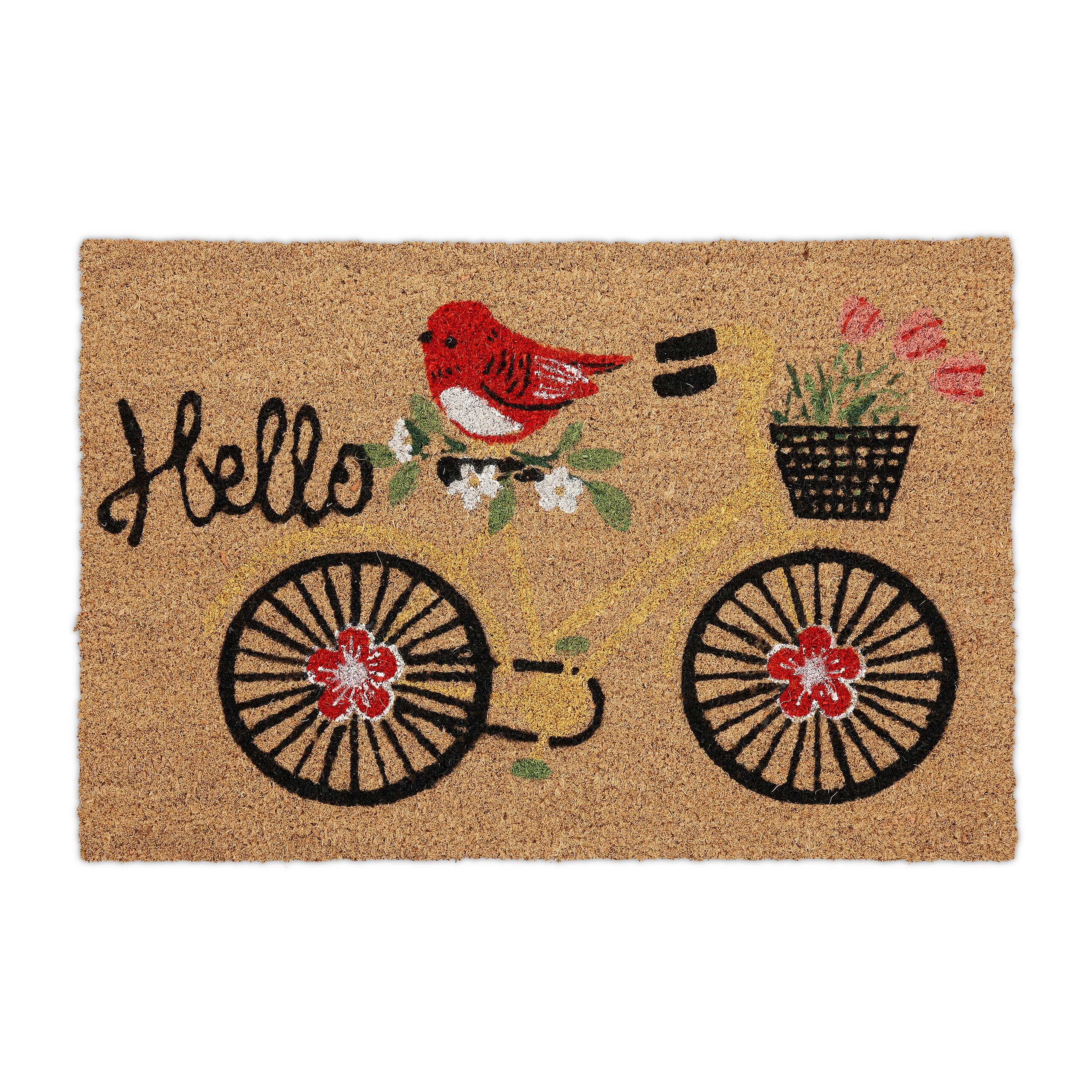 Relaxdays Coir Doormat, Hello Inscription, Coconut Mat, Shoe Scaper, Bicycle Motif, Weatherproof, 40x60cm, Multicoloured, Coco