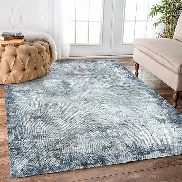 YARNSCAPE 3 x 5 Machine Washable Area Rug, Non-Slip Low-Pile Carpet | Lightweight Foldable Rug for Bedroom, Office and Reading Nook, Vintage Distressed Floral Medallion, Blue