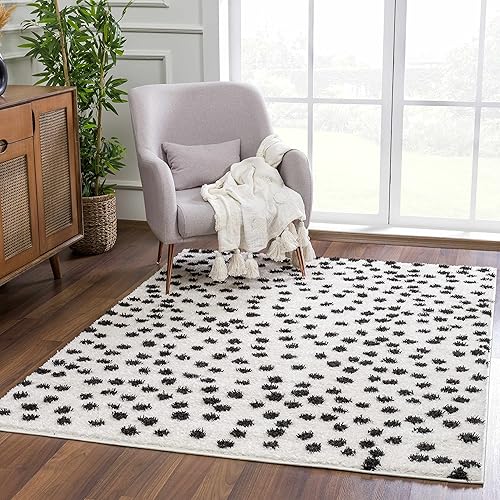 Hauteloom Tilos - Alfombra dálmata para sala de estar, dormitorio, cuarto de bebé, alfombra lanuda con patrón de puntos, pelo alto de felpa, negro, disponible en Yaxa Peru