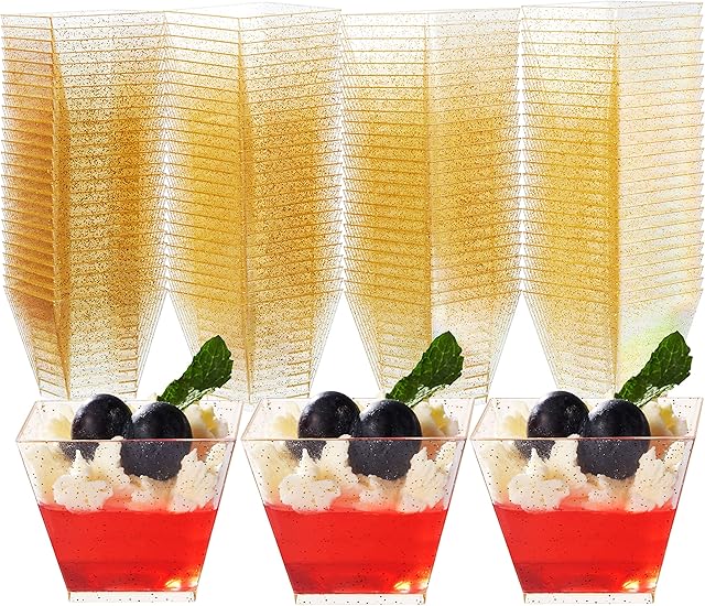 MATANA - 100 Clear Mulit-Use Plastic Dessert Cups with Gold Glitter, Mini Dessert Bowls for Trifles, Mousse and More - Set for Valentines Wedding Anniversary Birthday Party - 60ml/2oz