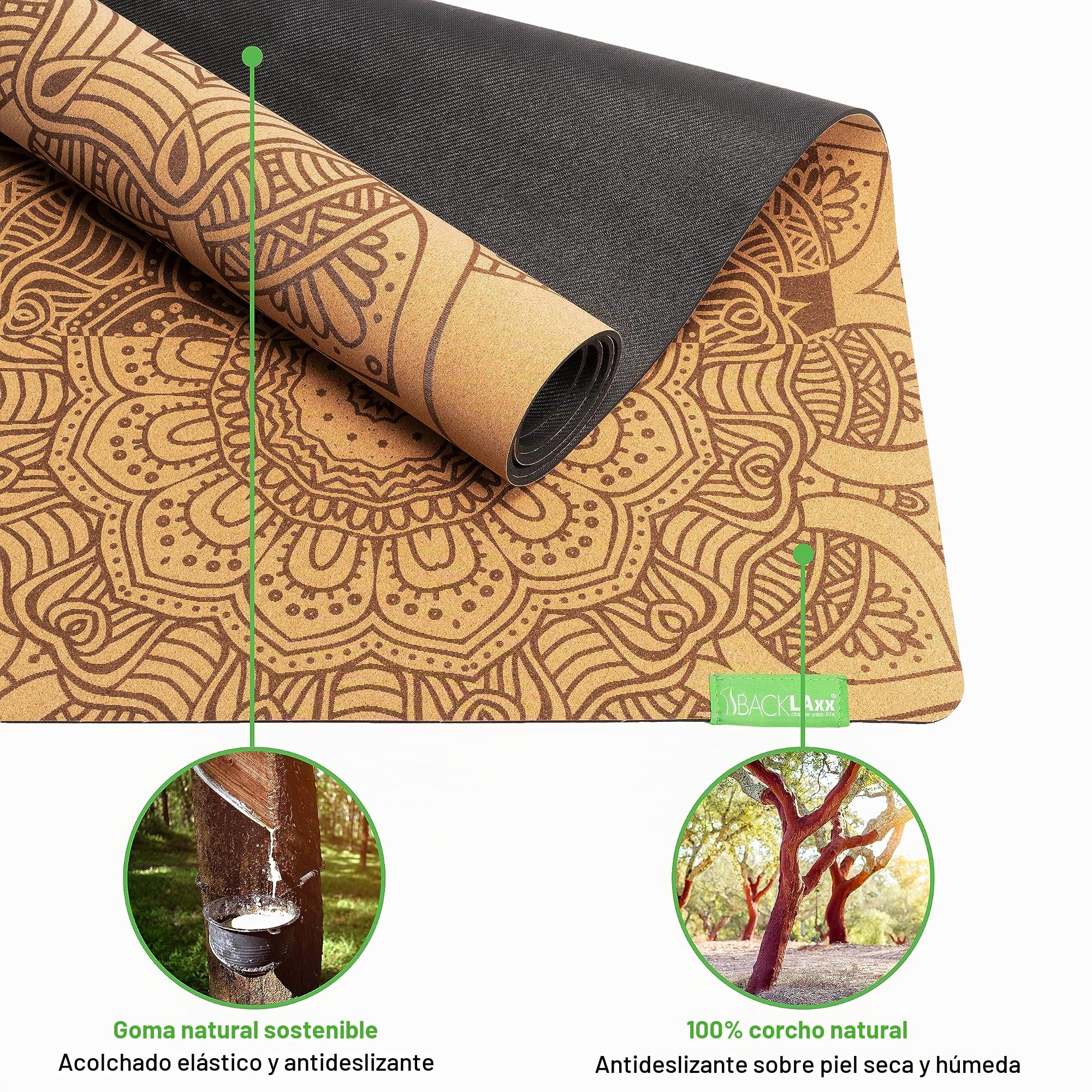 BACKLAxx ® Esterilla yoga de corcho con caucho natural – Esterilla yoga antideslizante libre de contaminantes con zonas antideslizantes – incl. correa de estera y videos de aplicación – Yoga mat