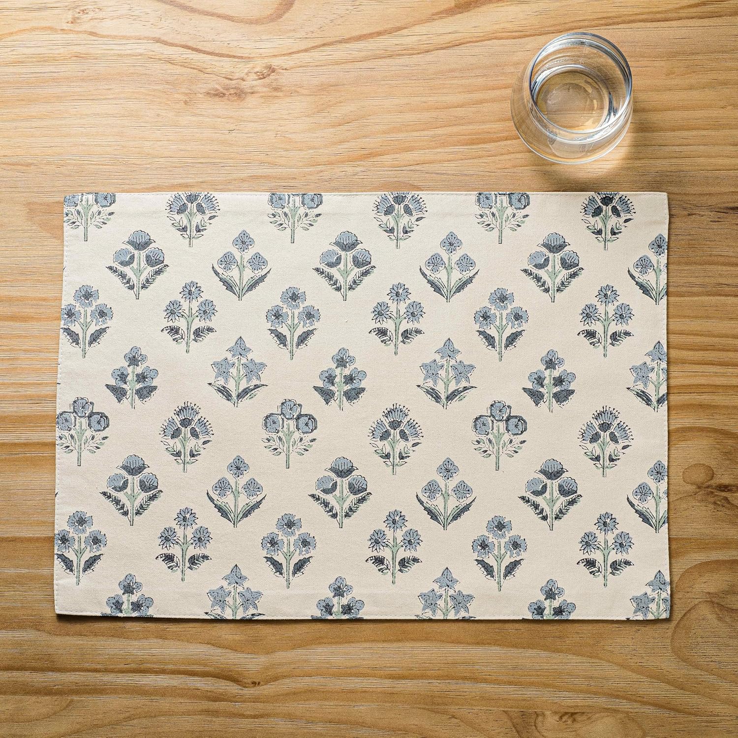 Block Print Floral Decorative Placemats Set of 6, Dusty Blue | 100% Organic Cotton, Double Layer Thick Placemats 13x19in, Vintage Farmhouse Table Mats, Machine Washable Dining Decor