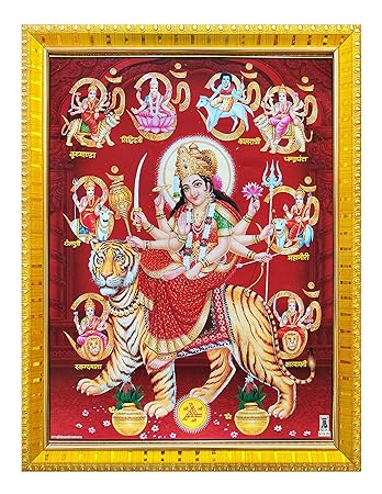 Koshtak Durga maa/ambe/sherawali/nav Durga / 9 Form on Tiger/Yantra Photo Frame with Laminated Poster for puja Room Temple Worship/Wall Hanging/Gift/Home Decor (30 x 23 cm)