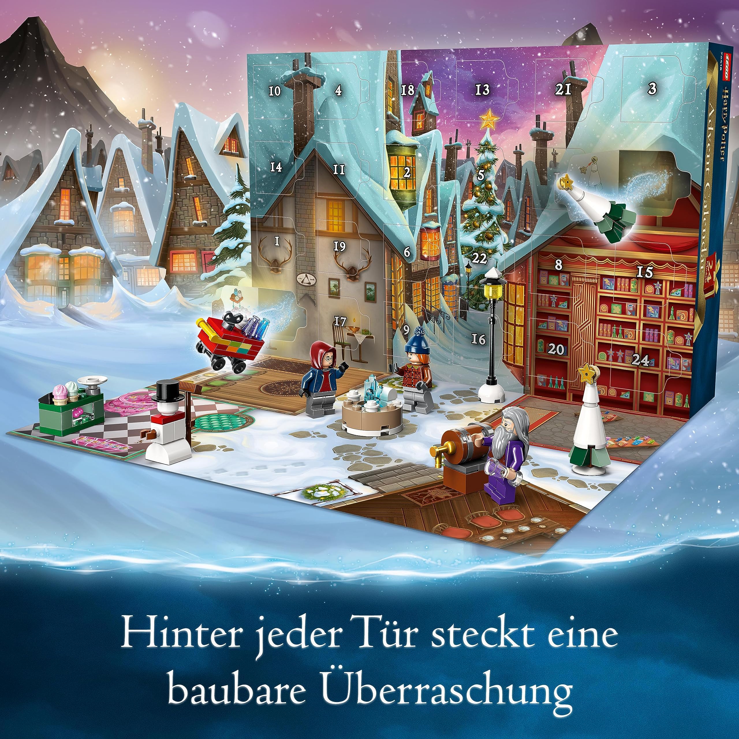 LEGO 76418 Harry Potter Adventskalender 2023, Weihnachtskalender mit 24 Geschenken inkl. 18 Hogsmeade Mini-Modelle und 6 Minifiguren wie Hermine Granger und Draco Malfoy, Spielzeug zu Weihnachten