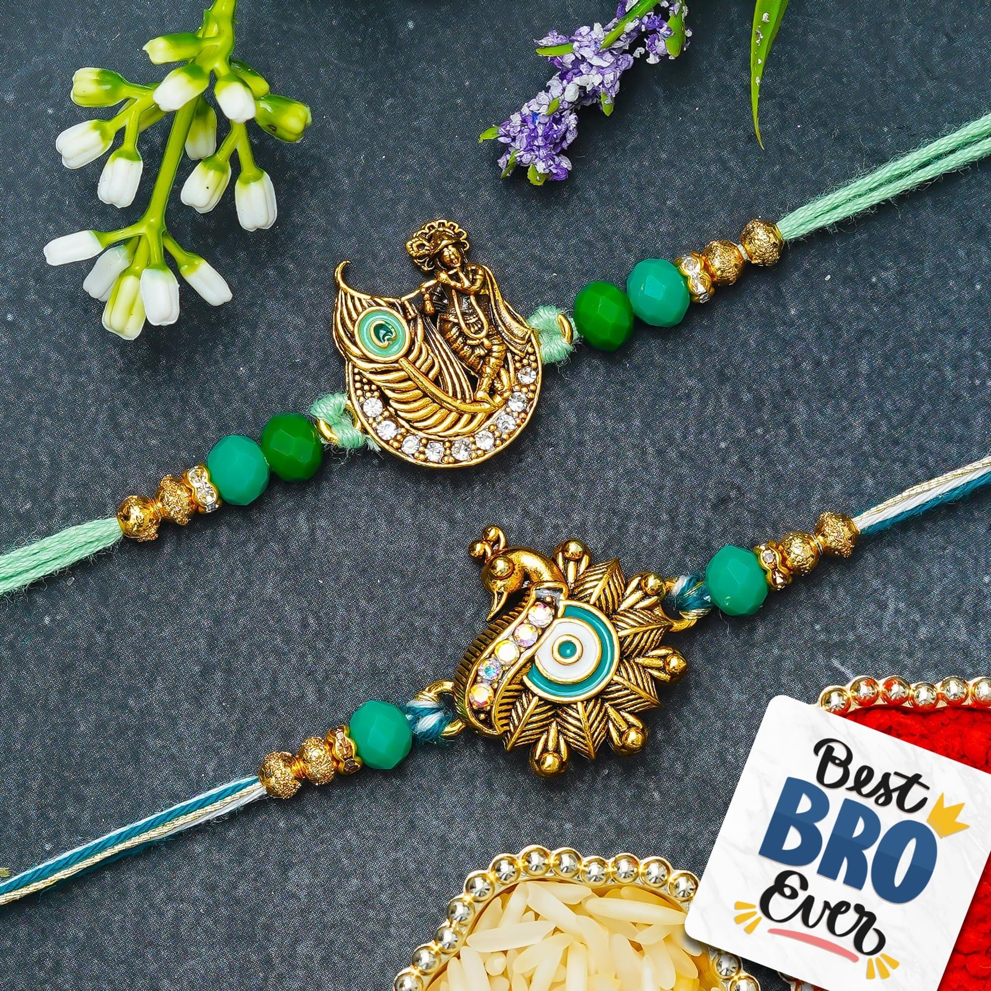eCraftIndia Set of 2 Peacock Krishna Rakhis | Best Bro Ever Fridge Magnet | Roli Chawal Pack | Designer Rakhi for Brother Bhaiya Bhai Bhabhi Kids-image-42