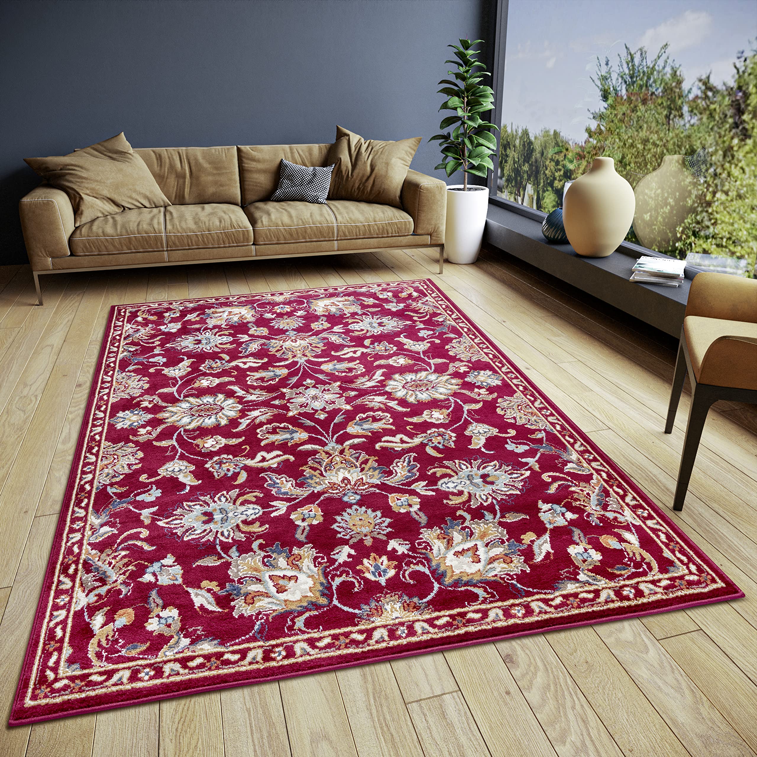 Hanse Home Caracci Tapis oriental classique, tissage serré, avec ornements et motifs floraux, poils courts et doux, pour chambre à coucher, salle à manger, salon, couloir, cuisine, rouge, 120 x 170 cm