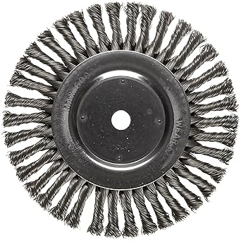 Weiler Dualife Wire Wheel Brush, Round Hole, Steel, Full Twist Knotted, 8 Diameter, 0.023 Wire Diameter, 5/8 Arbor, 1-5/8 Bristle Length, 1/2 Brush Face Width, 6000 rpm