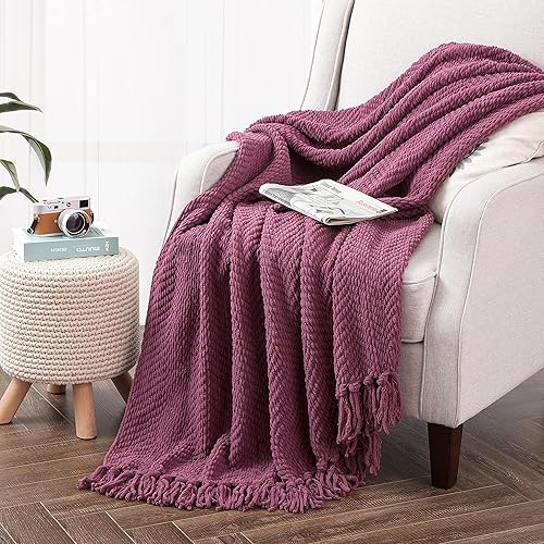 Manta para sofá, funda de sofá suave de punto texturizado, manta de tweed morado con borlas de flecos para decoración del hogar, cama, sofá, silla, disponible en Yaxa Peru