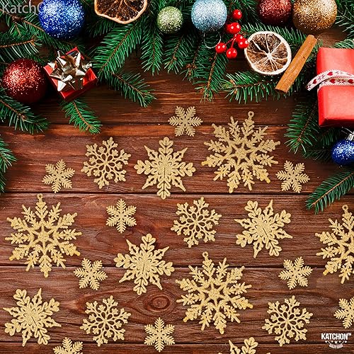 Miniatura 7 de KatchOn, Adornos dorados de copo de nieve para árbol de Navidad, grande, paquete de 36 unidades, adornos de copo de nieve con purpurina,
